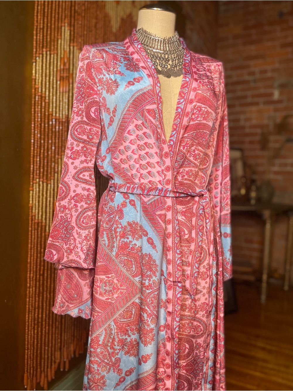 Pink & Light Blue Paisley Long Robe - Picture 2 of 9